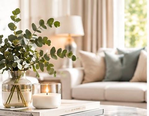 A styled living room with fresh eucalyptus and candles