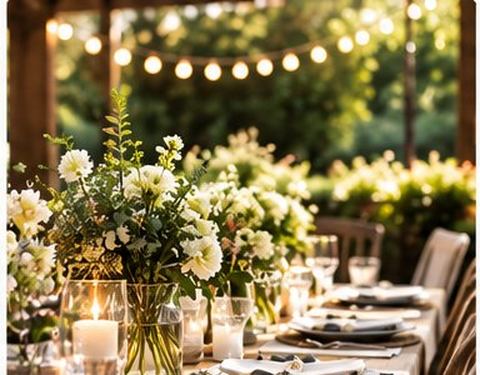 A candlelit outdoor dinner table set for a celebration