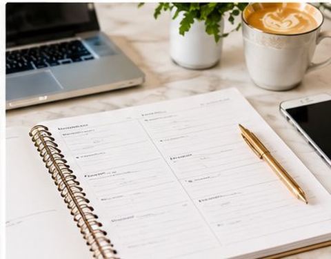 A planner, laptop and coffee on a marble desk